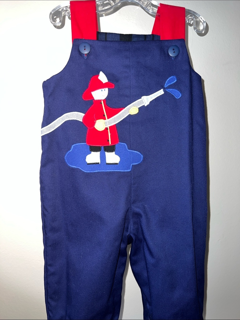 Red Turtleneck & Blue and Blue Green Plaid Reversible Overall set With Fireman​